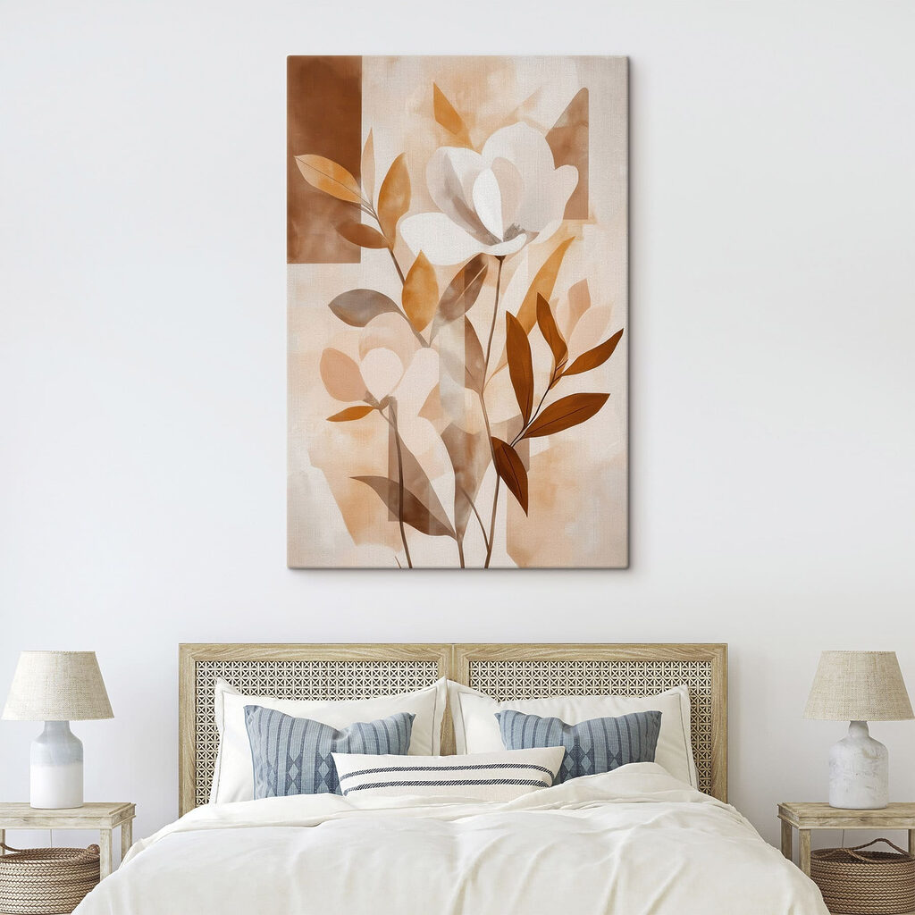 Schilderij van bloemen en bladeren in een interieur