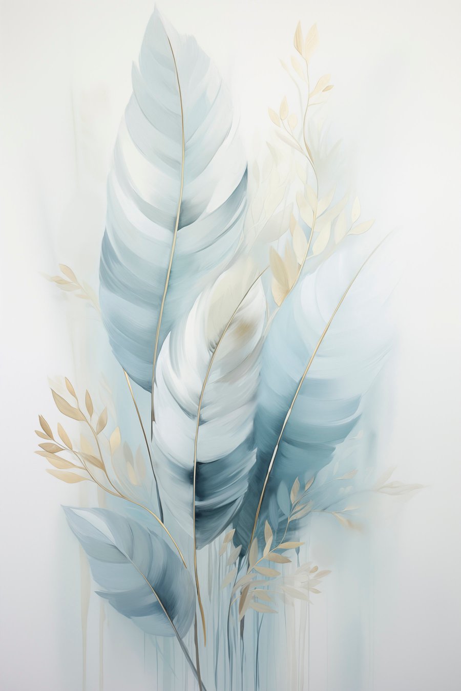 Grote, zachte veren in blauw- en wittinten met delicate beige blaadjes — volledig ontwerp