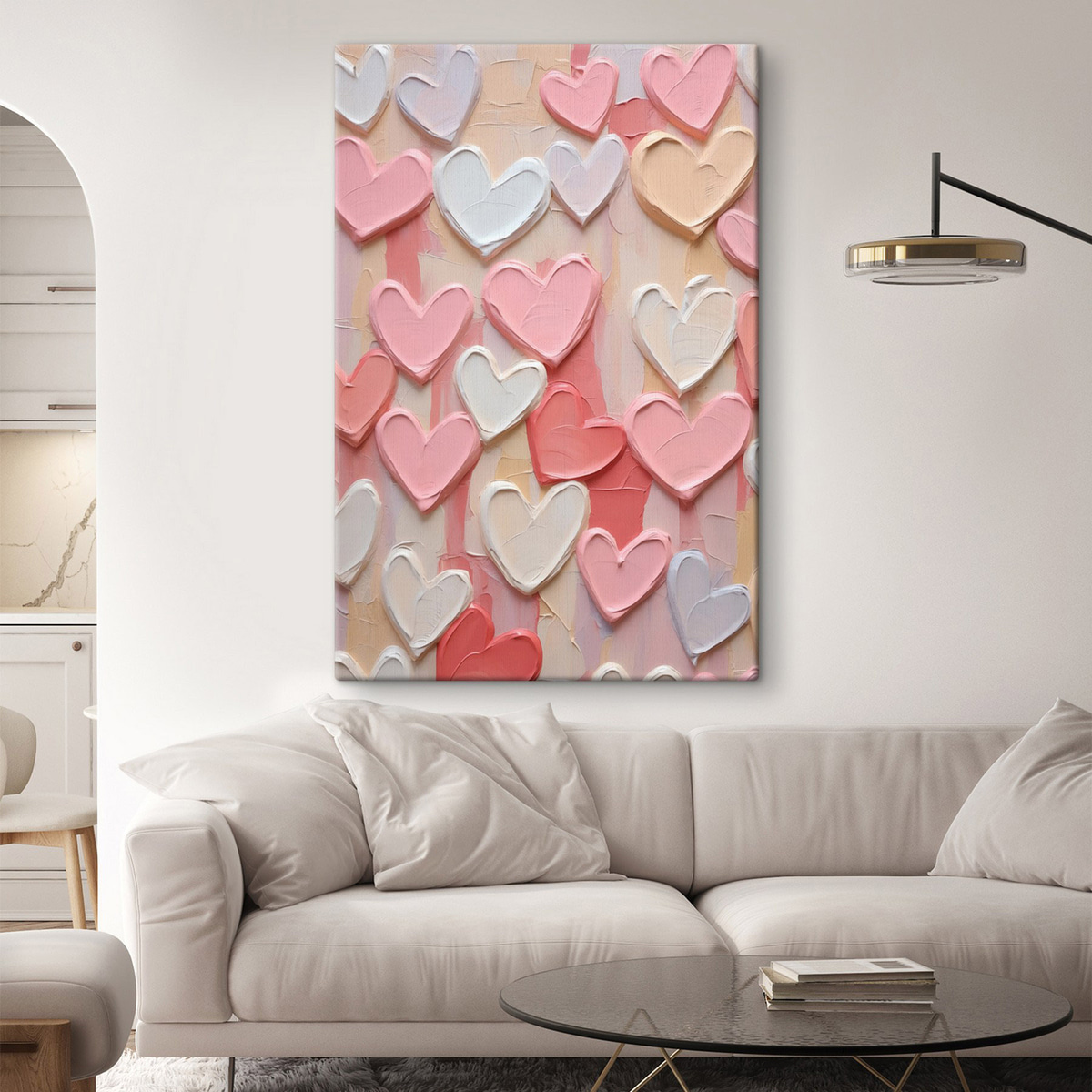 Hartjes in verschillende tinten perzik en roze, uitgevoerd in een gestructureerde, geschilderde stijl — interieur 1
