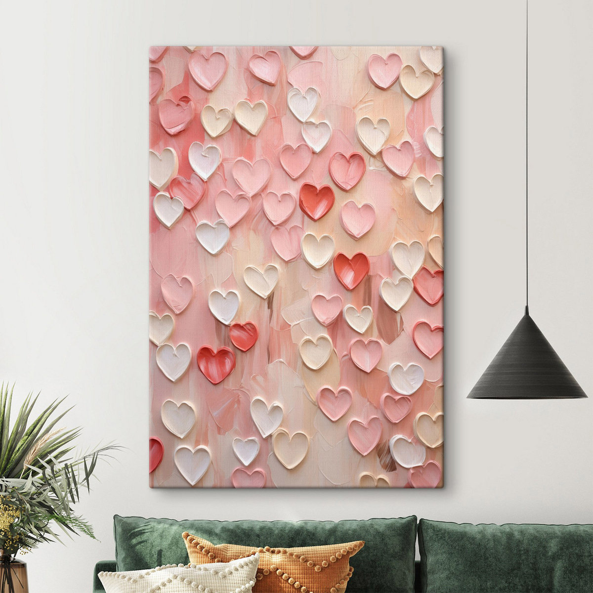 Hartjes in verschillende tinten perzik en roze, uitgevoerd in een gestructureerde, geschilderde stijl — interieur 2
