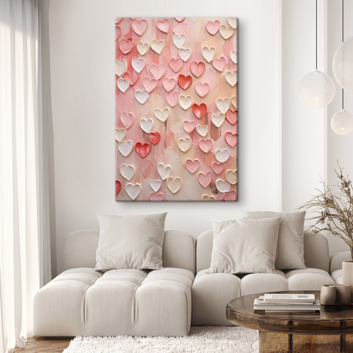 Hartjes in verschillende tinten perzik en roze, uitgevoerd in een gestructureerde, geschilderde stijl — interieur 1