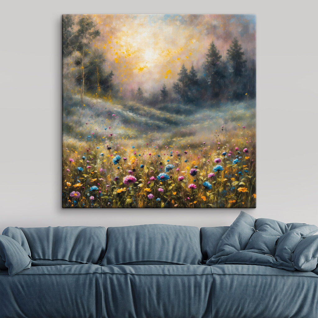 Schilderij van een bloemenveld in een interieur
