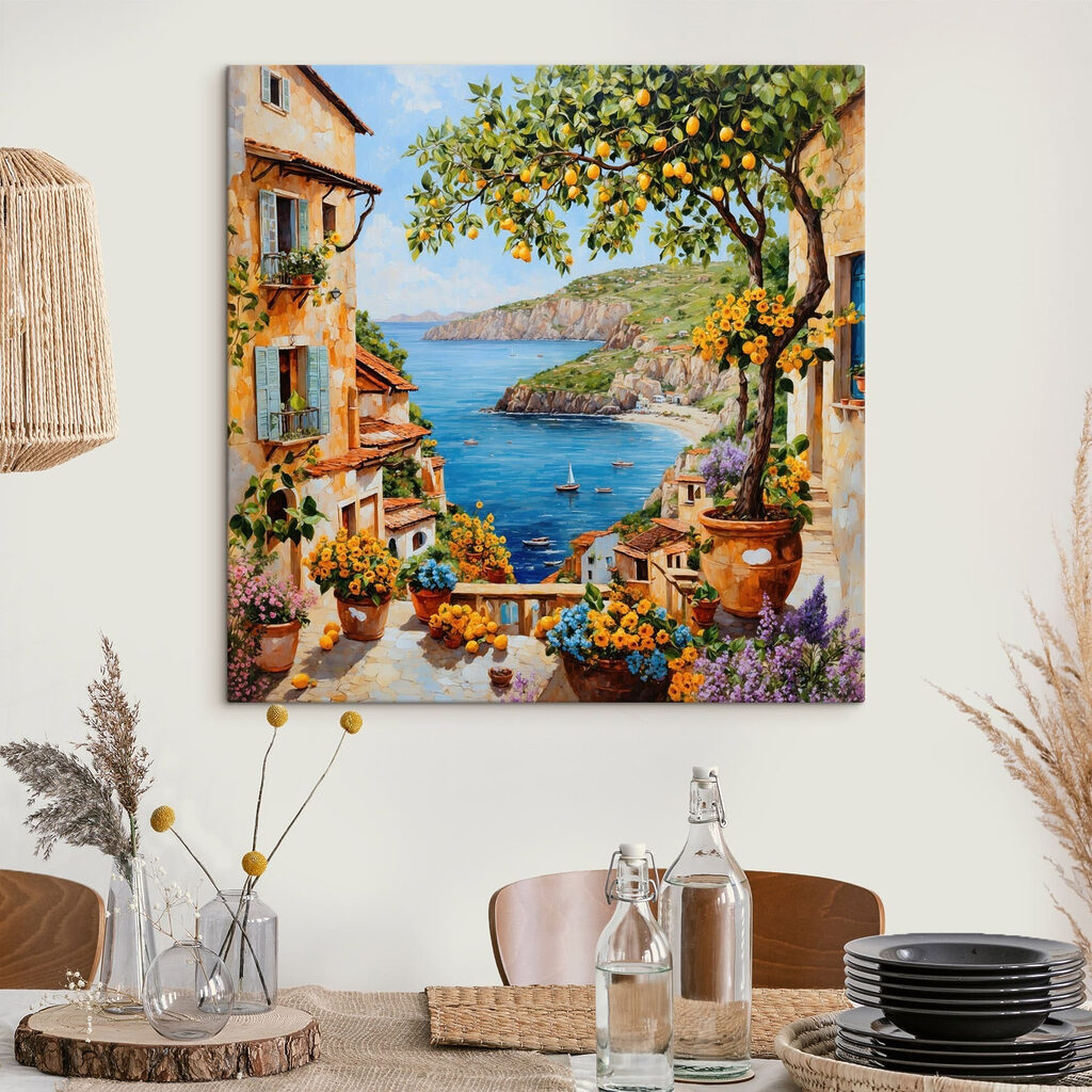 Schilderij van een stad met een waterpartij en een baai in een interieur