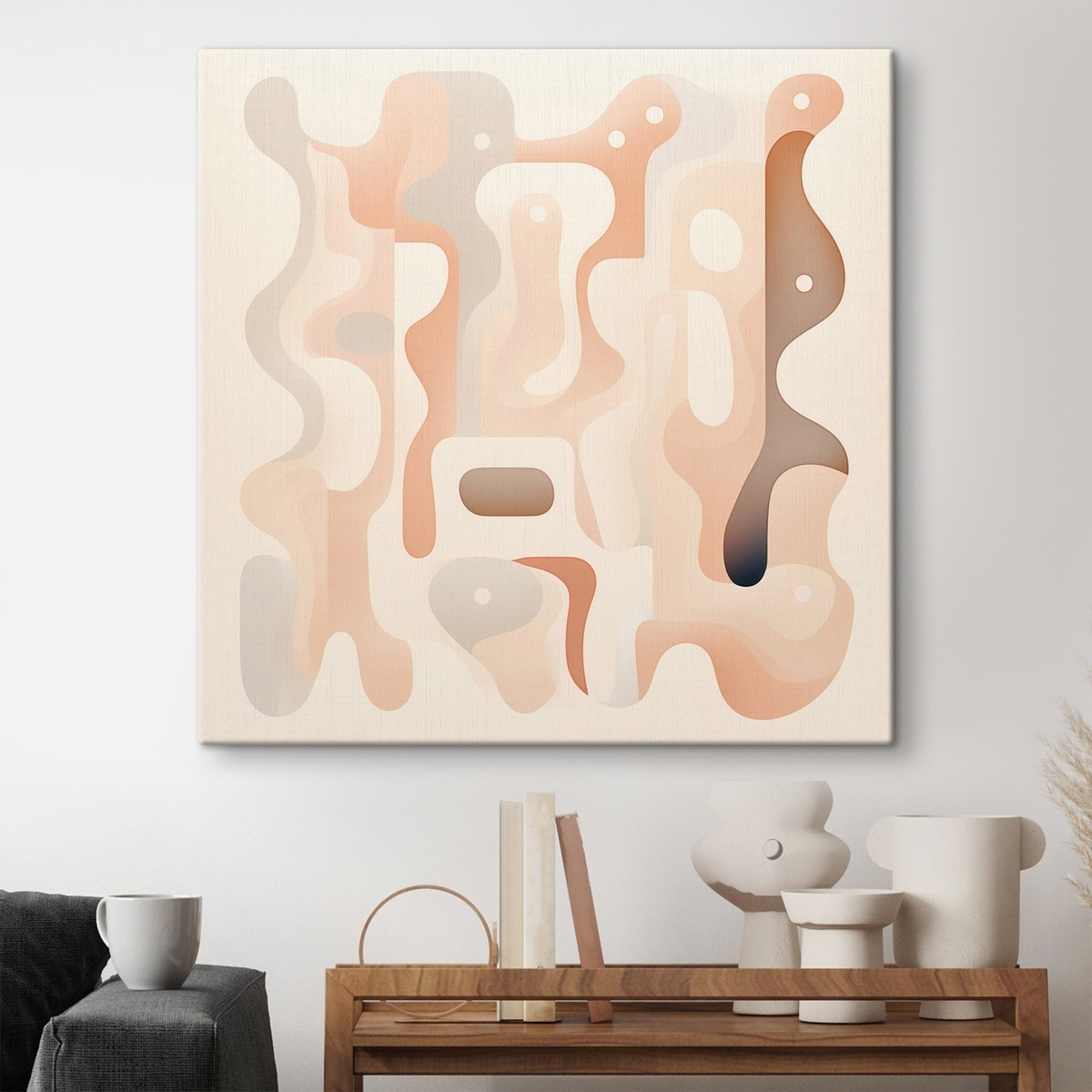 Een harmonie van vloeiende vormen en een natuurlijk kleurenpalet in de stijl van hedendaagse kunstillustraties — interieur 1