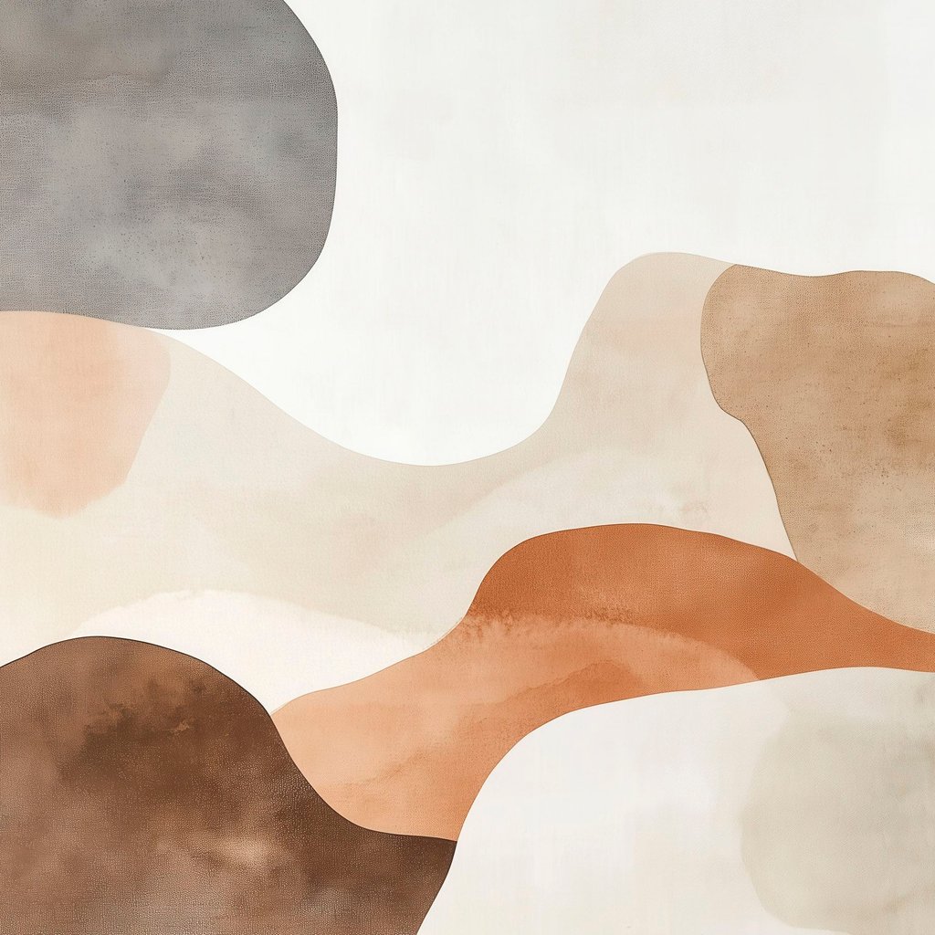 Abstrakt landschap met vloeiende lijnen in een warm beige-bruin kleurenpalet — volledig ontwerp