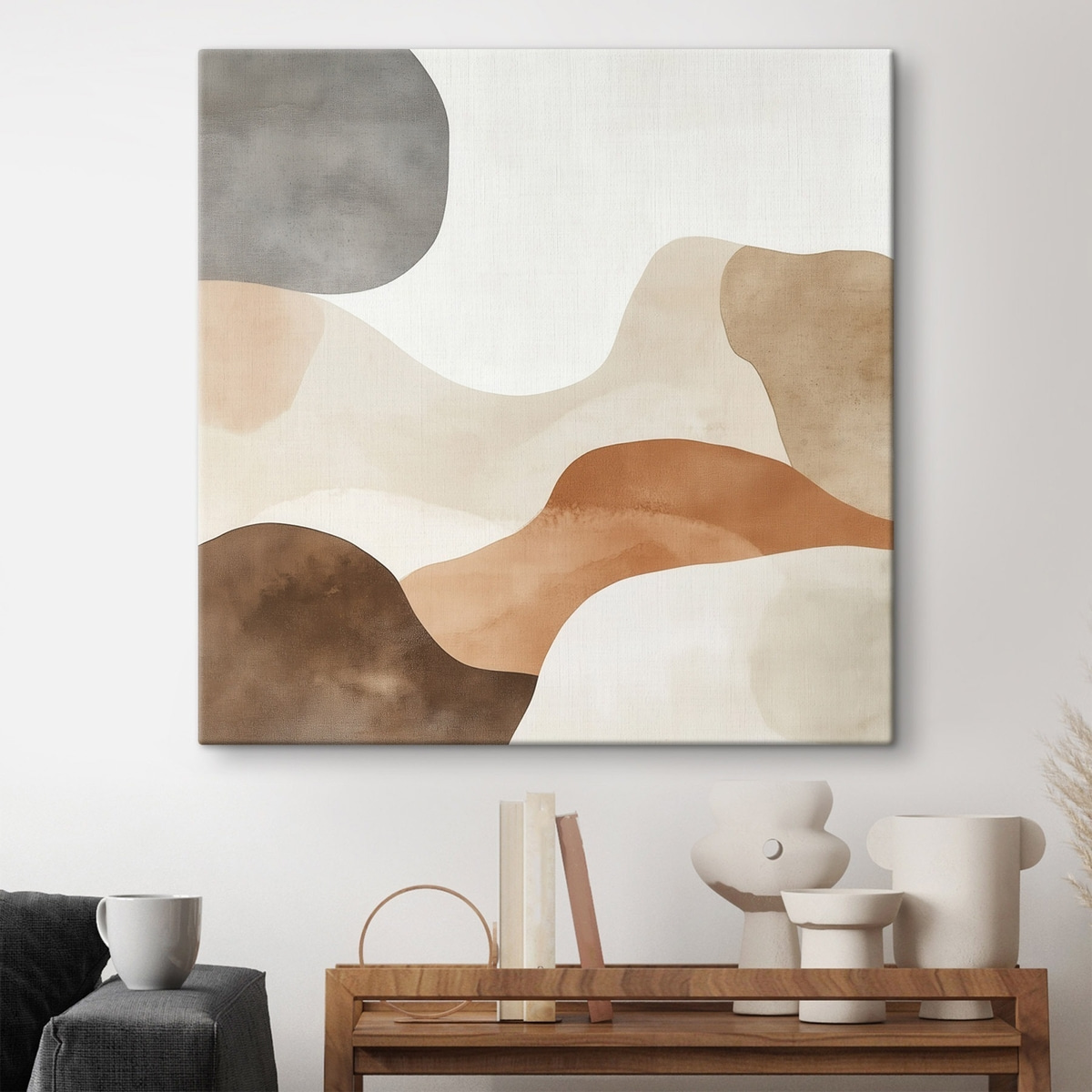Abstrakt landschap met vloeiende lijnen in een warm beige-bruin kleurenpalet — interieur 1