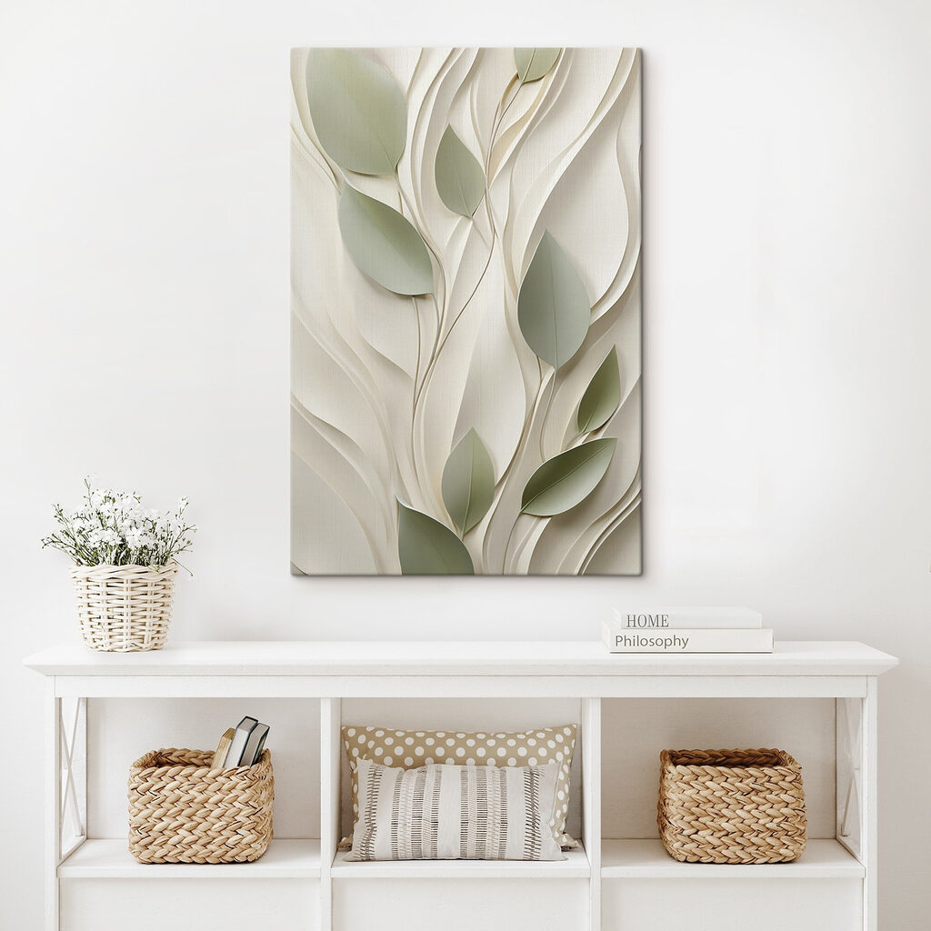 Witte en groene papieren uitsnede met blaadjes in een interieur