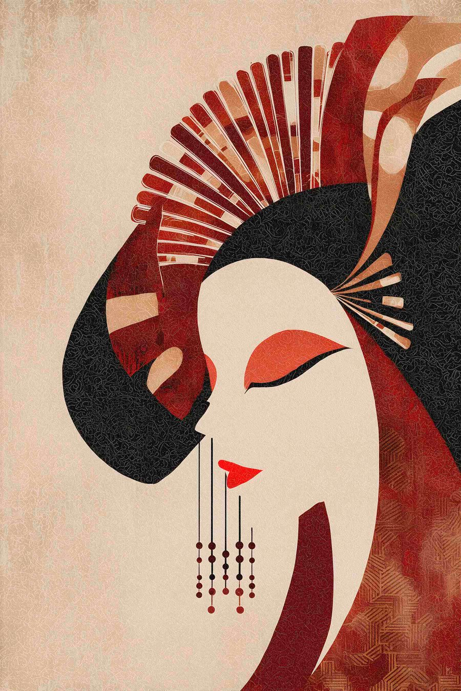 gestileerd portret van een vrouw, geïnspireerd door de Japanse en art-deco-esthetiek — volledig ontwerp