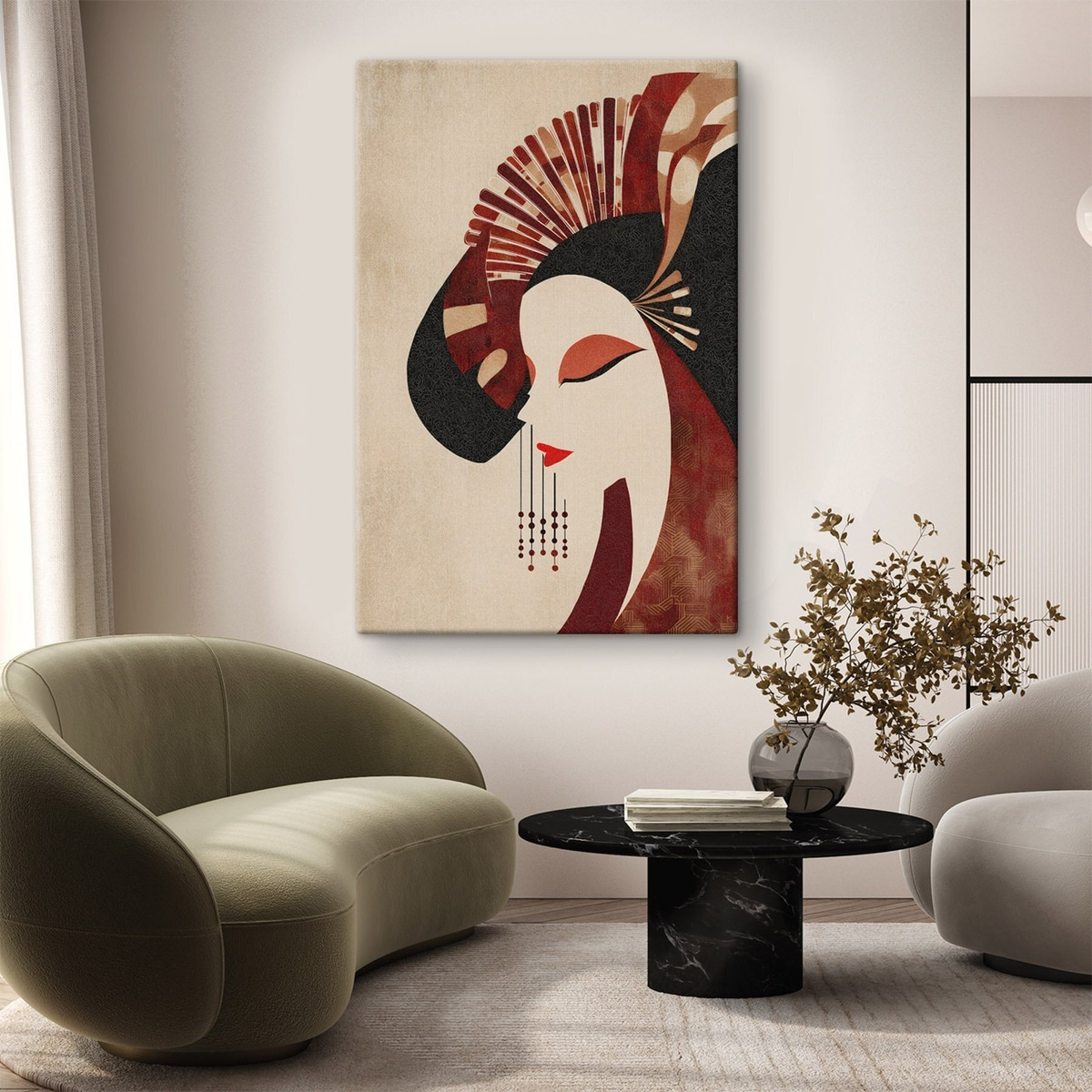 gestileerd portret van een vrouw, geïnspireerd door de Japanse en art-deco-esthetiek — interieur 2