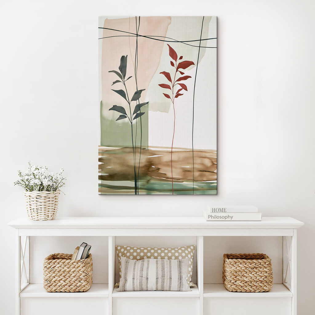 Schilderij van bladeren en een plant in een interieur