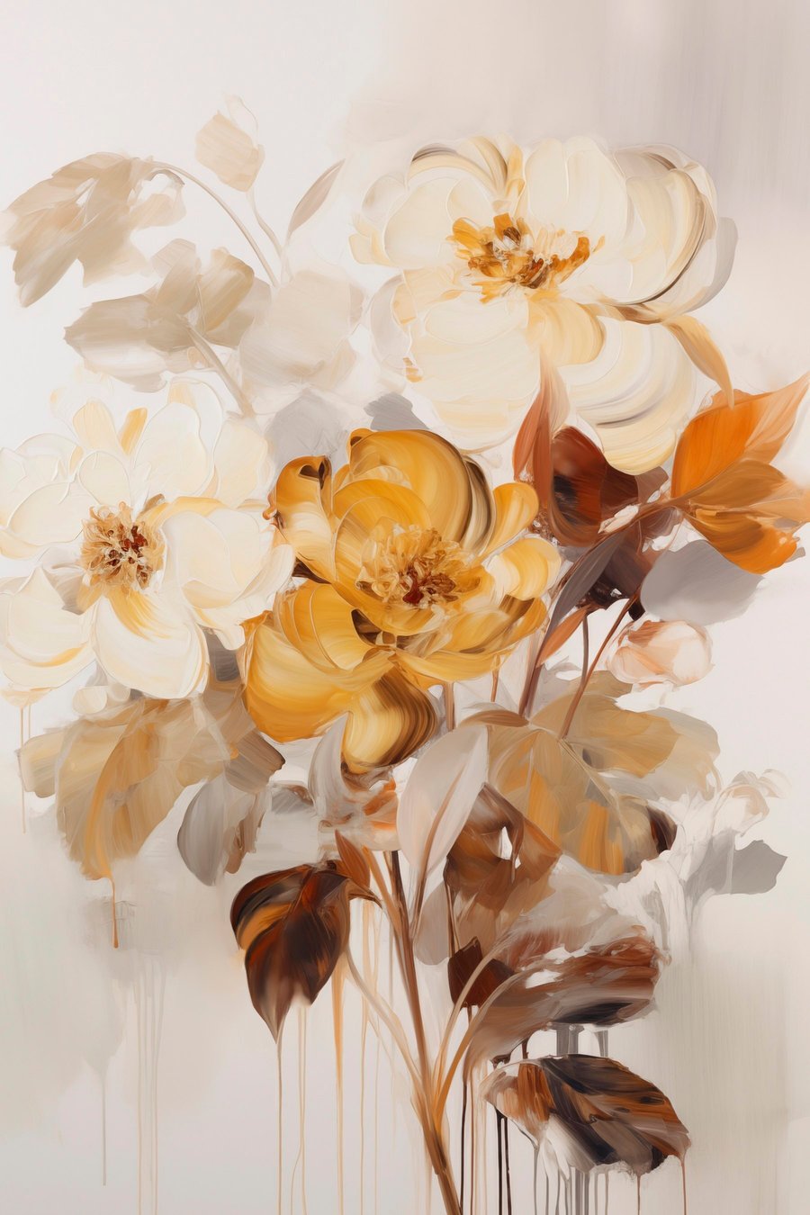 Abstracte bloemen met bruine bladeren, in een schilderachtige stijl met penseelstreken — volledig ontwerp