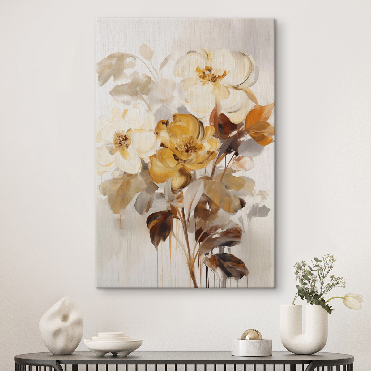 Abstracte bloemen met bruine bladeren, in een schilderachtige stijl met penseelstreken — interieur 2