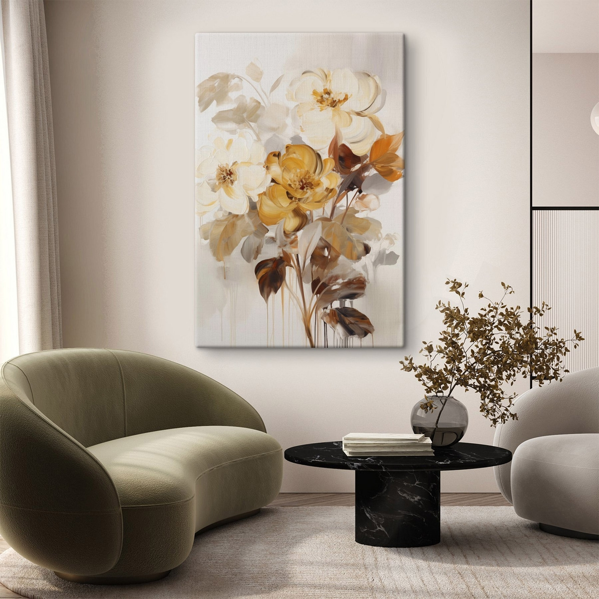 Abstracte bloemen met bruine bladeren, in een schilderachtige stijl met penseelstreken — interieur 1