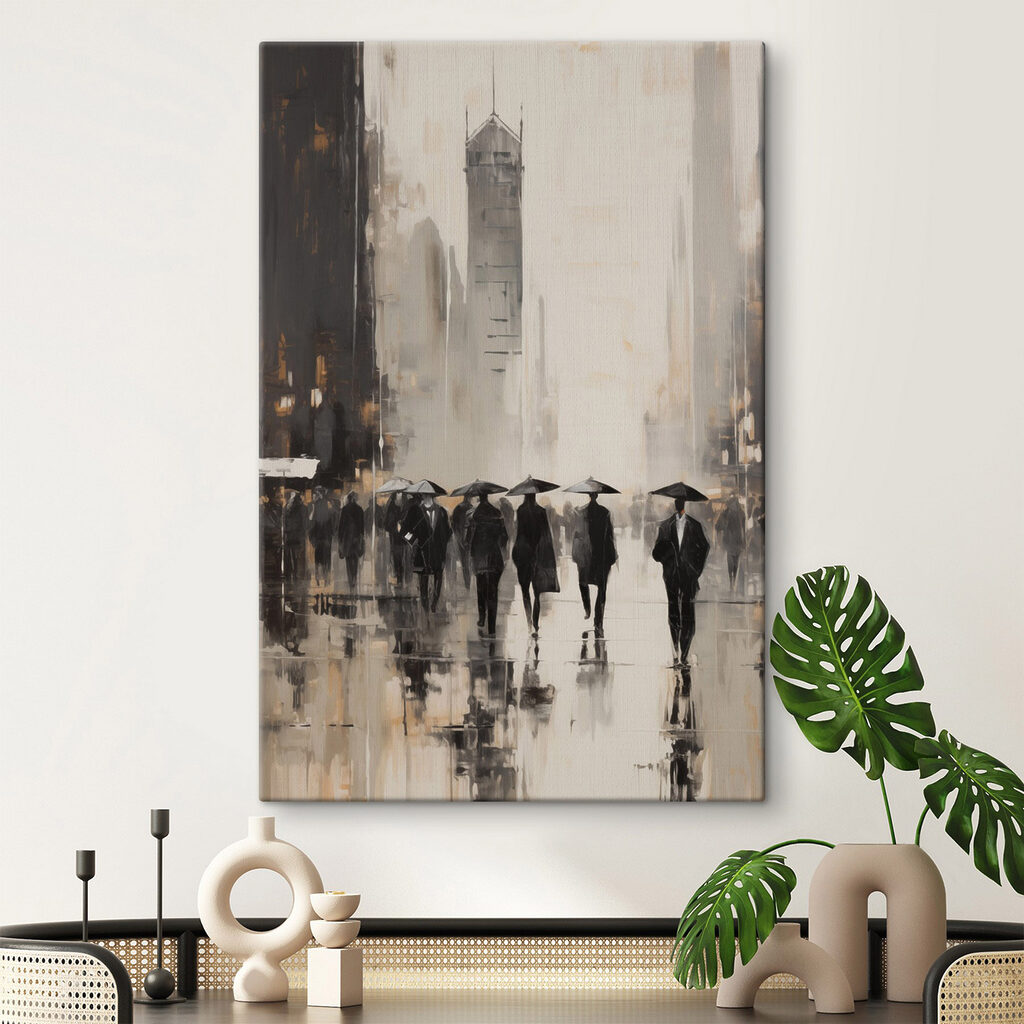 Paraplu's tussen bleke gevels in een interieur