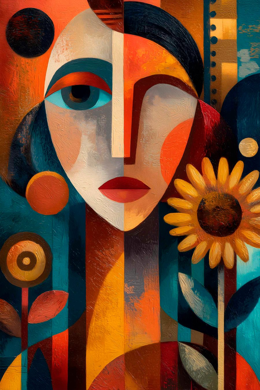Een abstract portret van een meisje met bloemen in etnische stijl — volledig ontwerp