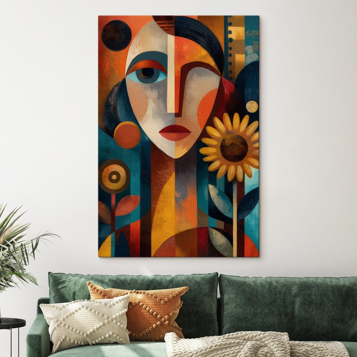 Een abstract portret van een meisje met bloemen in etnische stijl in een interieur