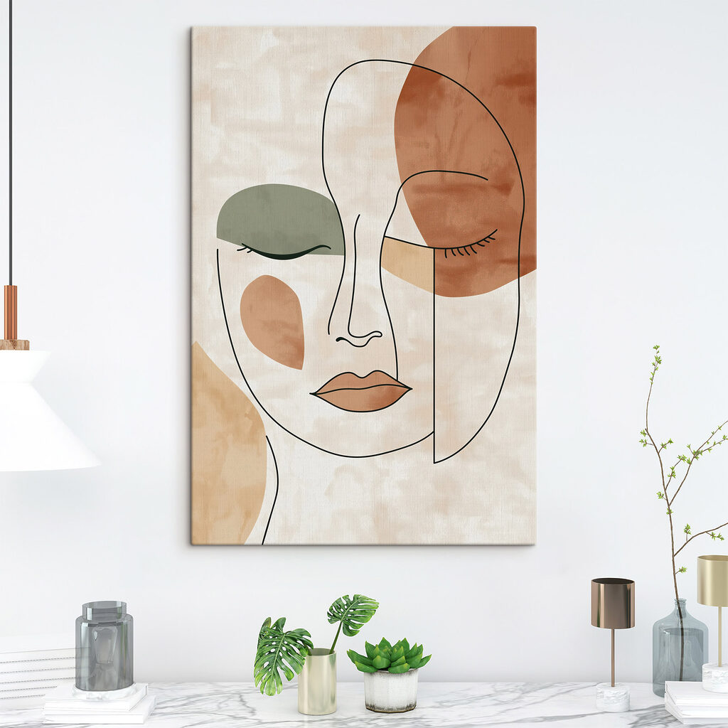 Tekening van het gezicht van een vrouw in een interieur