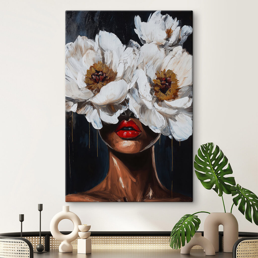 Schilderij van een vrouw met bloemen voor haar gezicht in een interieur