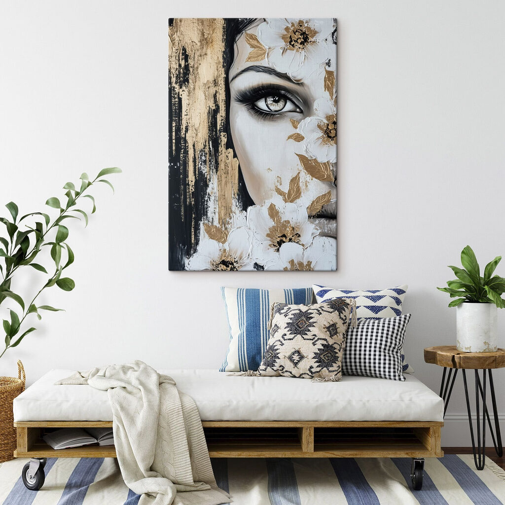 Opvallend bloemenportret met artistieke uitstraling in een interieur