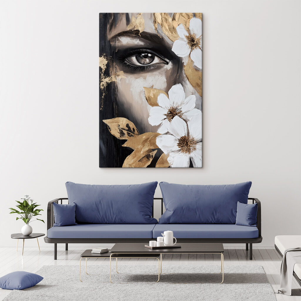 Schilderij van het oog van een vrouw en bloemen in een interieur
