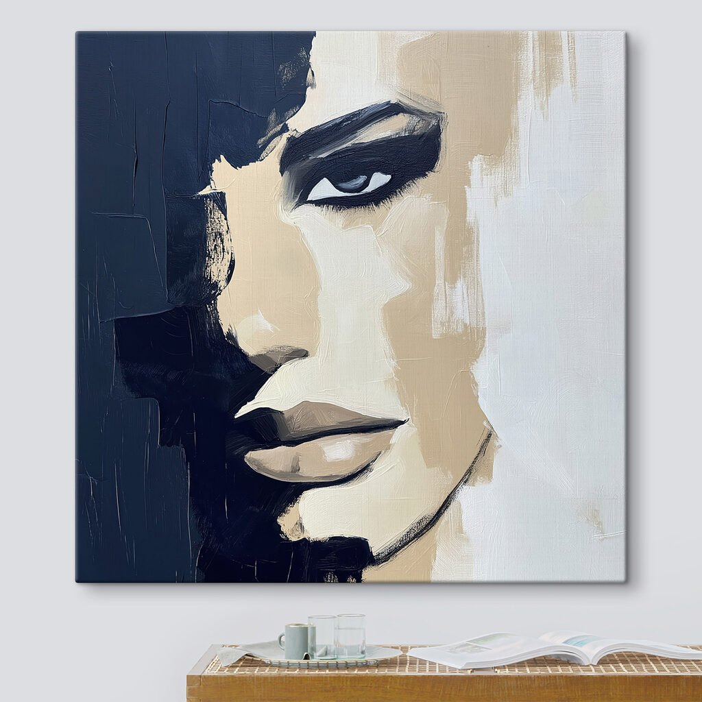 Schilderij van het gezicht van een vrouw in een interieur