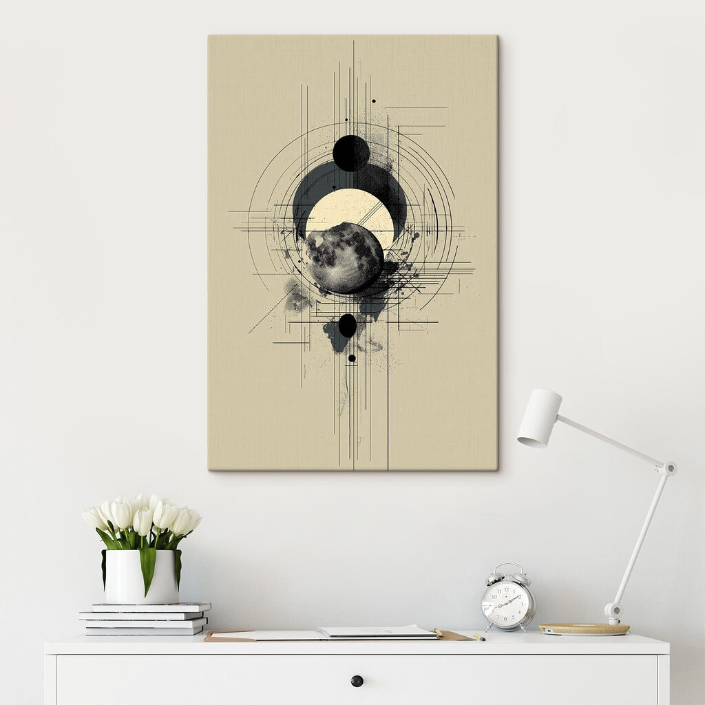 Zwarte cirkel met lijnenspel in een interieur