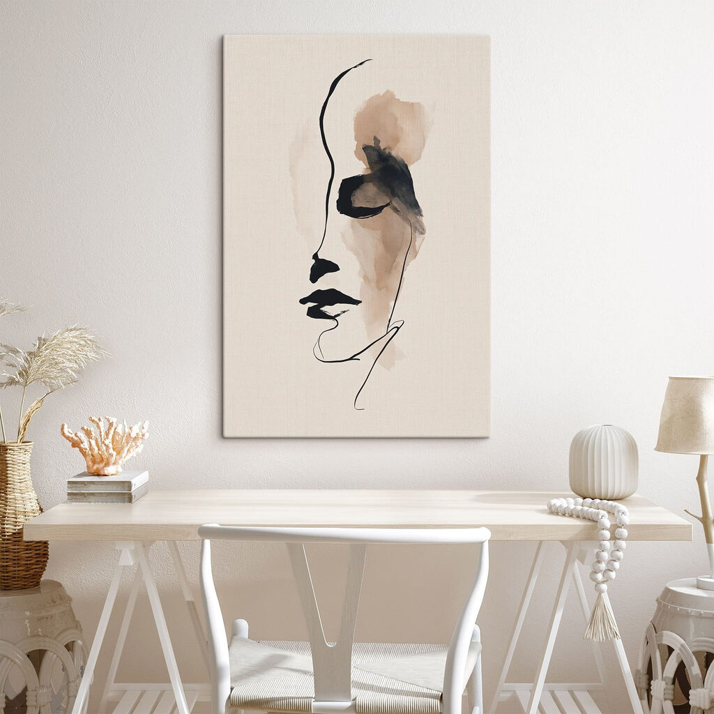 Tekening van het gezicht van een vrouw in een interieur