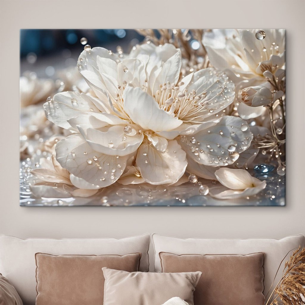 Fijne bloesems versierd met druppeltjes in een interieur