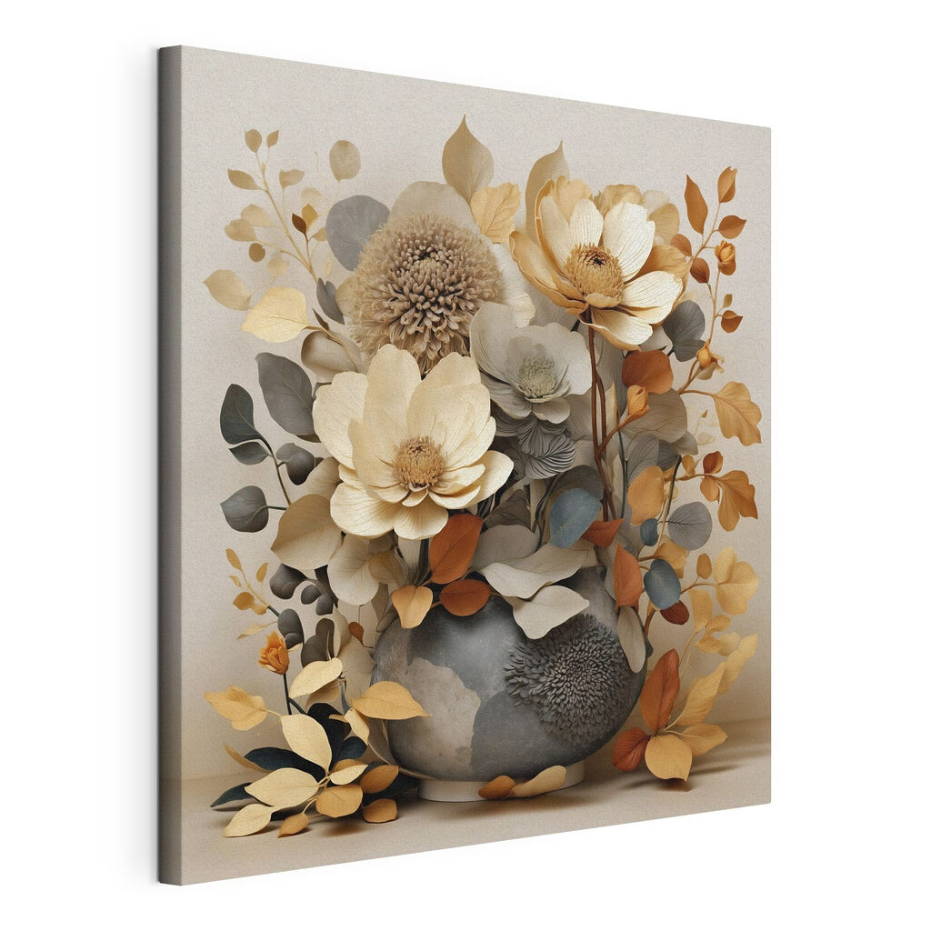 Vaas met bloemen en bladeren, gespannen canvas met doorlopende rand