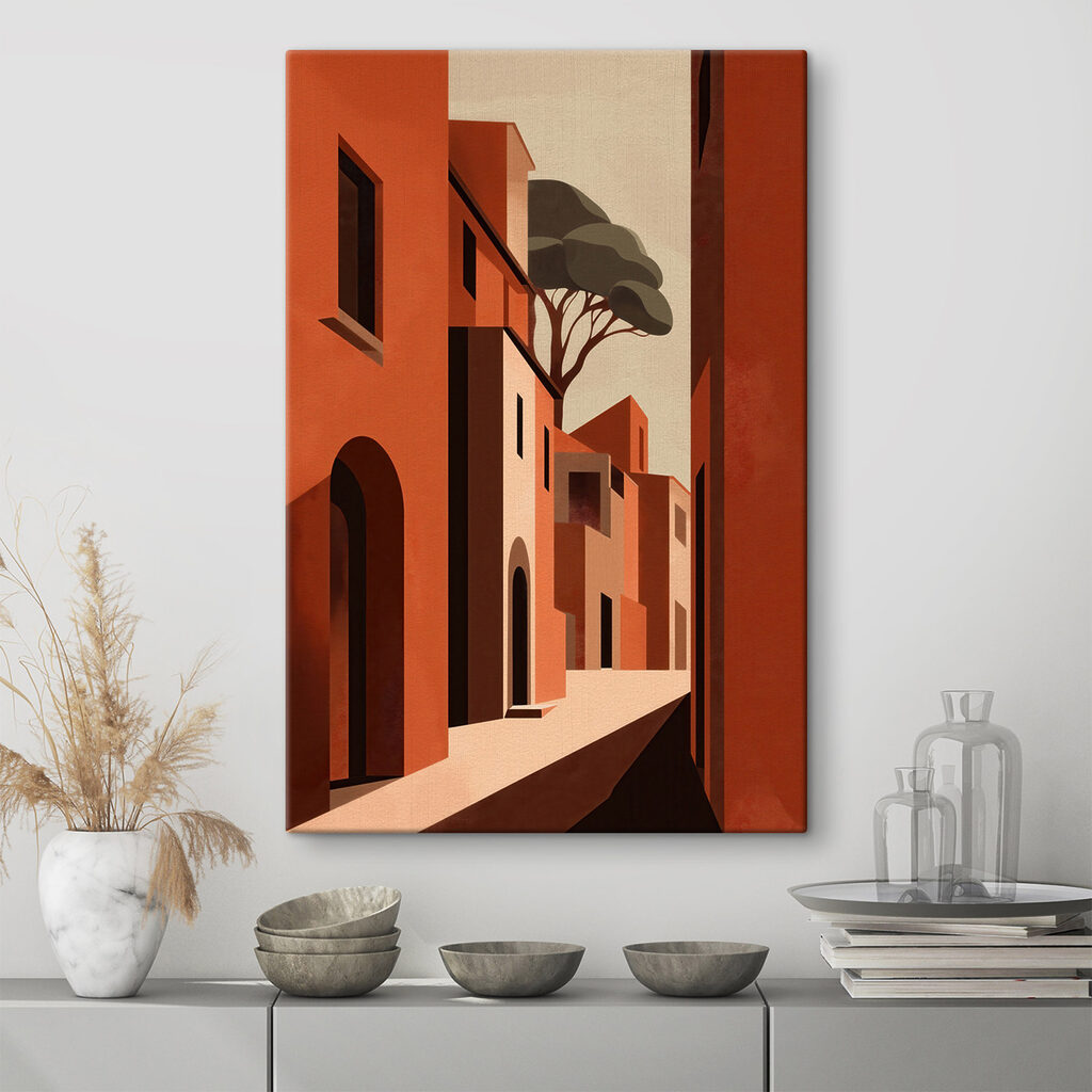 Schilderij van een straat met gebouwen en bomen in een interieur