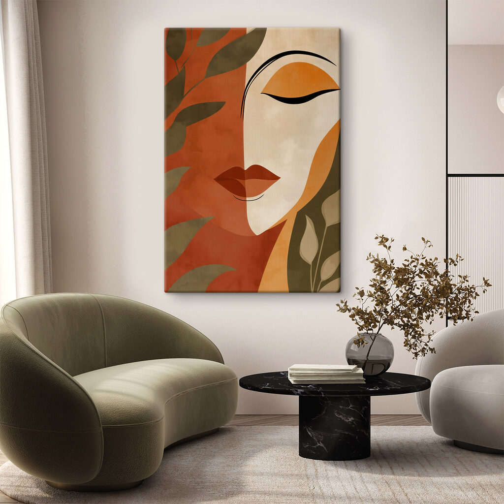 Schilderij van het gezicht van een vrouw in een interieur