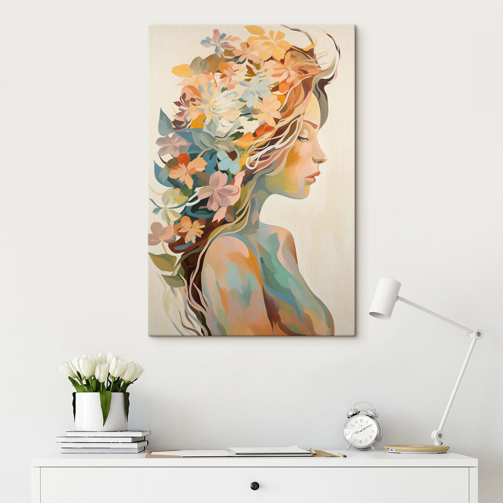 Schilderij van een vrouw met bloemen in haar haar in een interieur