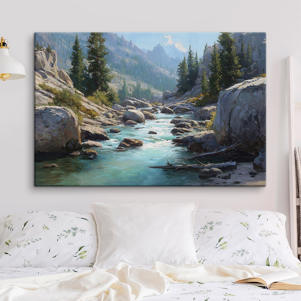 Een rivier die door een rotsachtige berg stroomt in een interieur