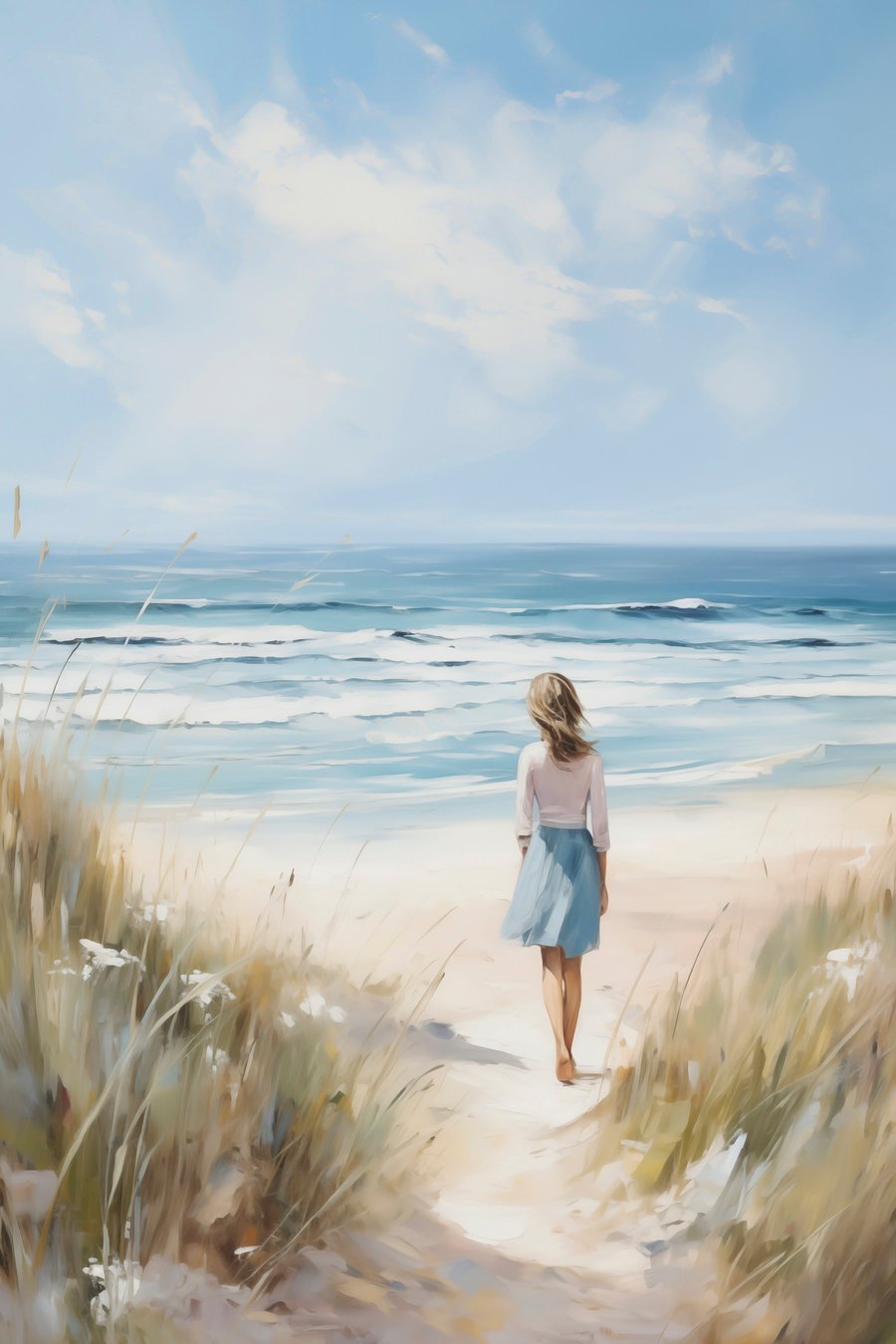 Een meisje dat naar de zee loopt, naar een schilderij — volledig ontwerp