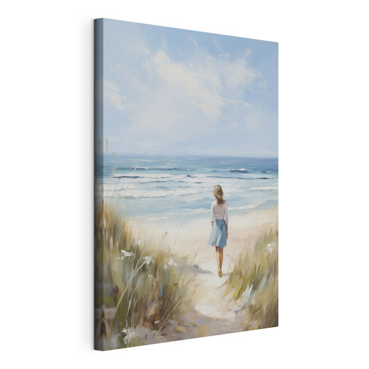 Een meisje dat naar de zee loopt, naar een schilderij, gespannen canvas met doorlopende rand