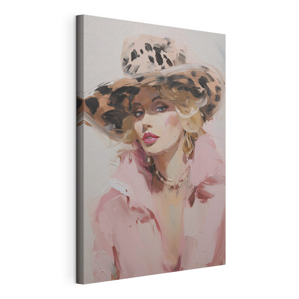 Schilderij van een vrouw met een hoed op, gespannen canvas met doorlopende rand