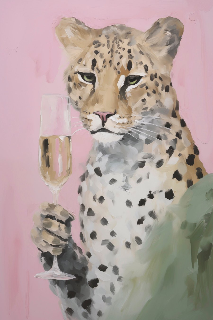 Schilderij van een luipaard met een glaswerk in zijn poot — volledig ontwerp