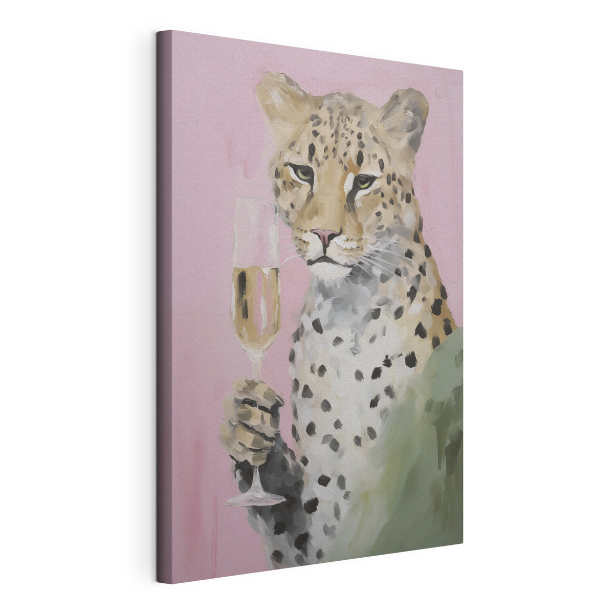 Schilderij van een luipaard met een glaswerk in zijn poot, gespannen canvas met doorlopende rand