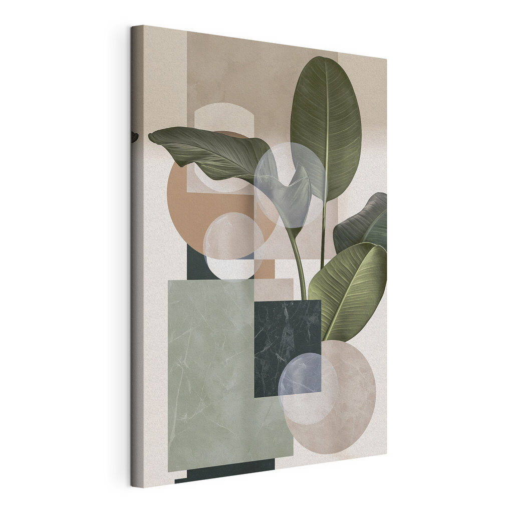 Plant met bladeren en geometrische vormen, gespannen canvas met doorlopende rand