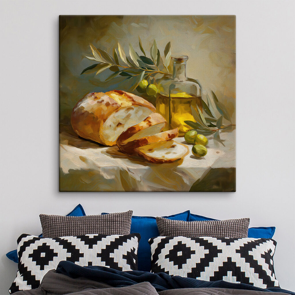 Brood met olijfolie, olijven in een interieur