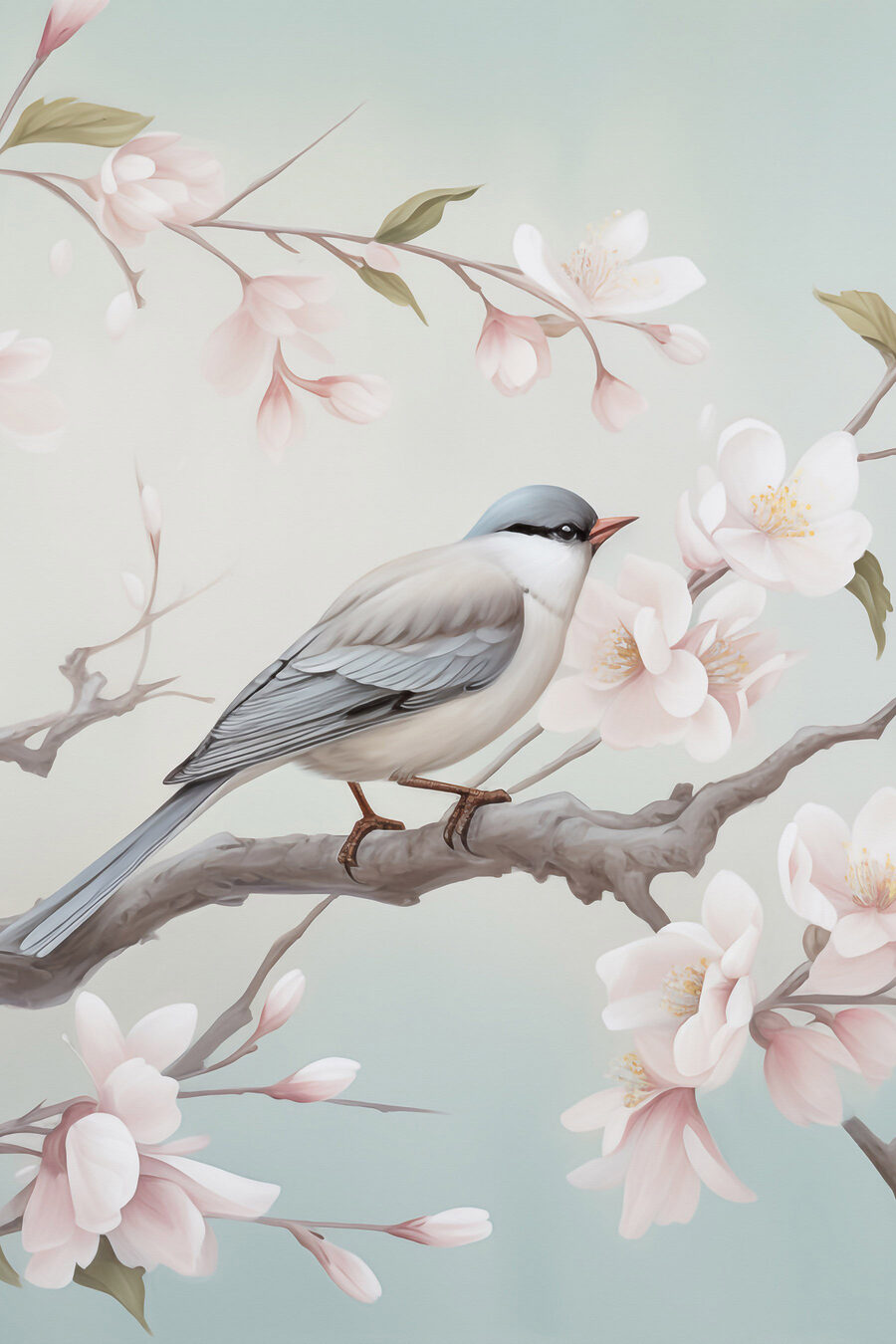 Vogel op een tak met bloemen — volledig ontwerp