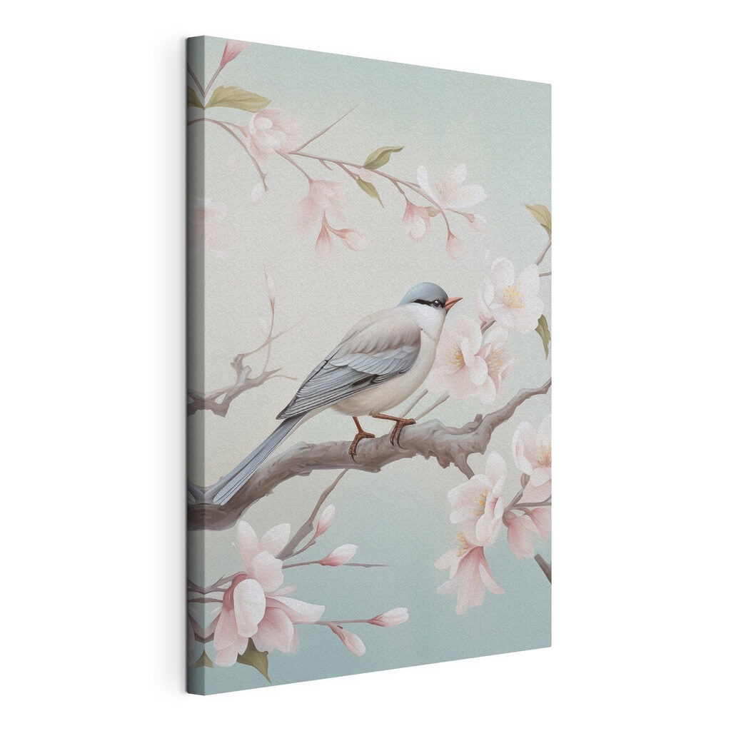 Vogel op een tak met bloemen, gespannen canvas met doorlopende rand