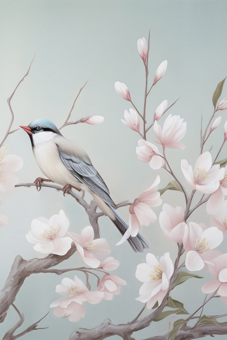 Vogel op een tak met bloemen — volledig ontwerp