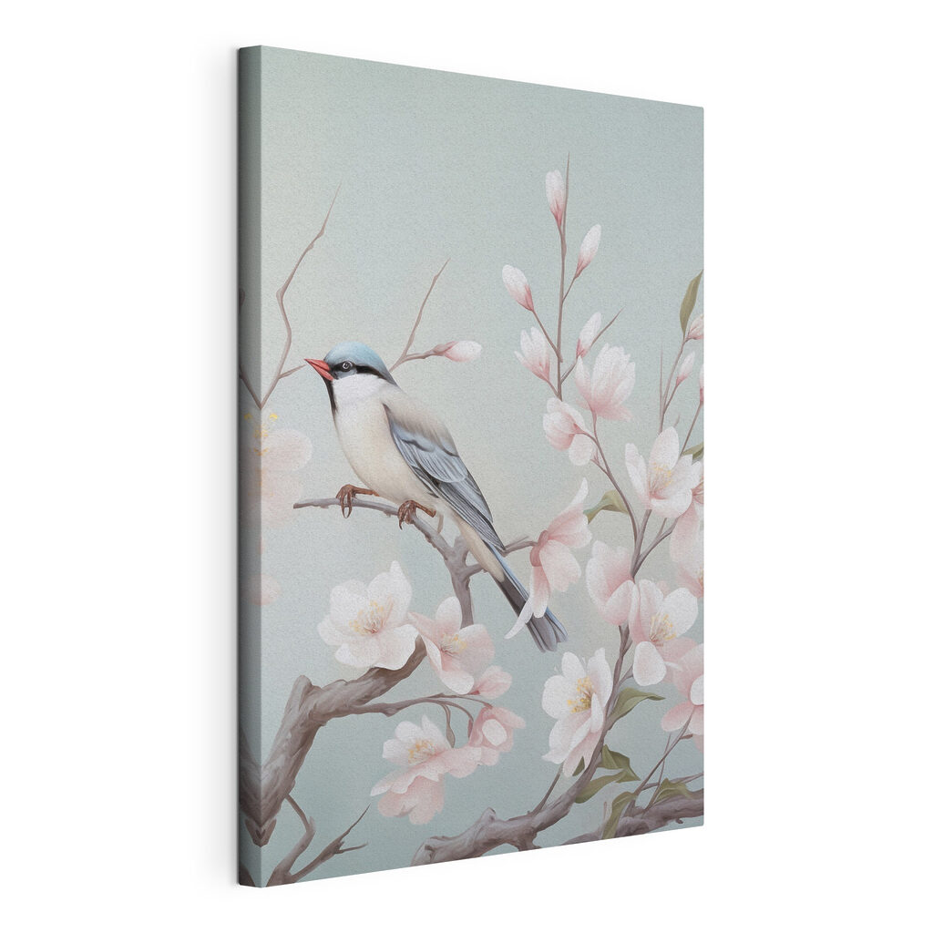 Vogel op een tak met bloemen, gespannen canvas met doorlopende rand