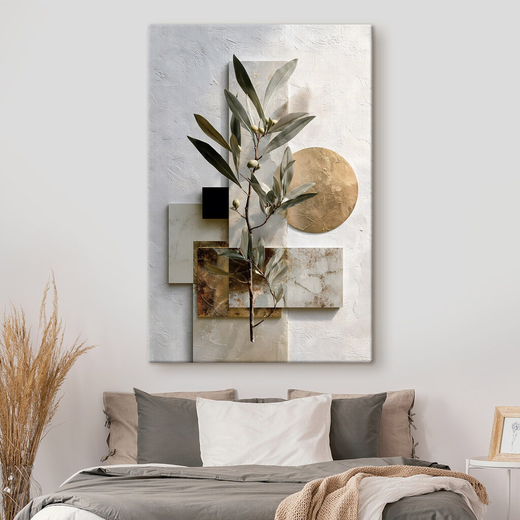 Plant met bladeren en geometrische vormen in een interieur