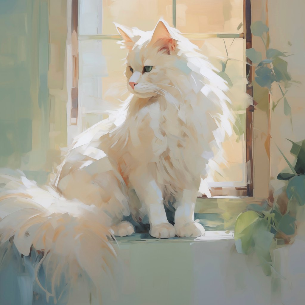 Een kat zit bij een raam, naar een schilderij — volledig ontwerp