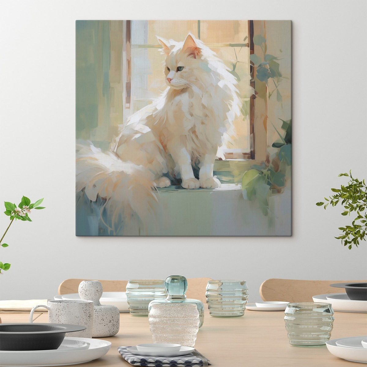 Een kat zit bij een raam, naar een schilderij — interieur 1