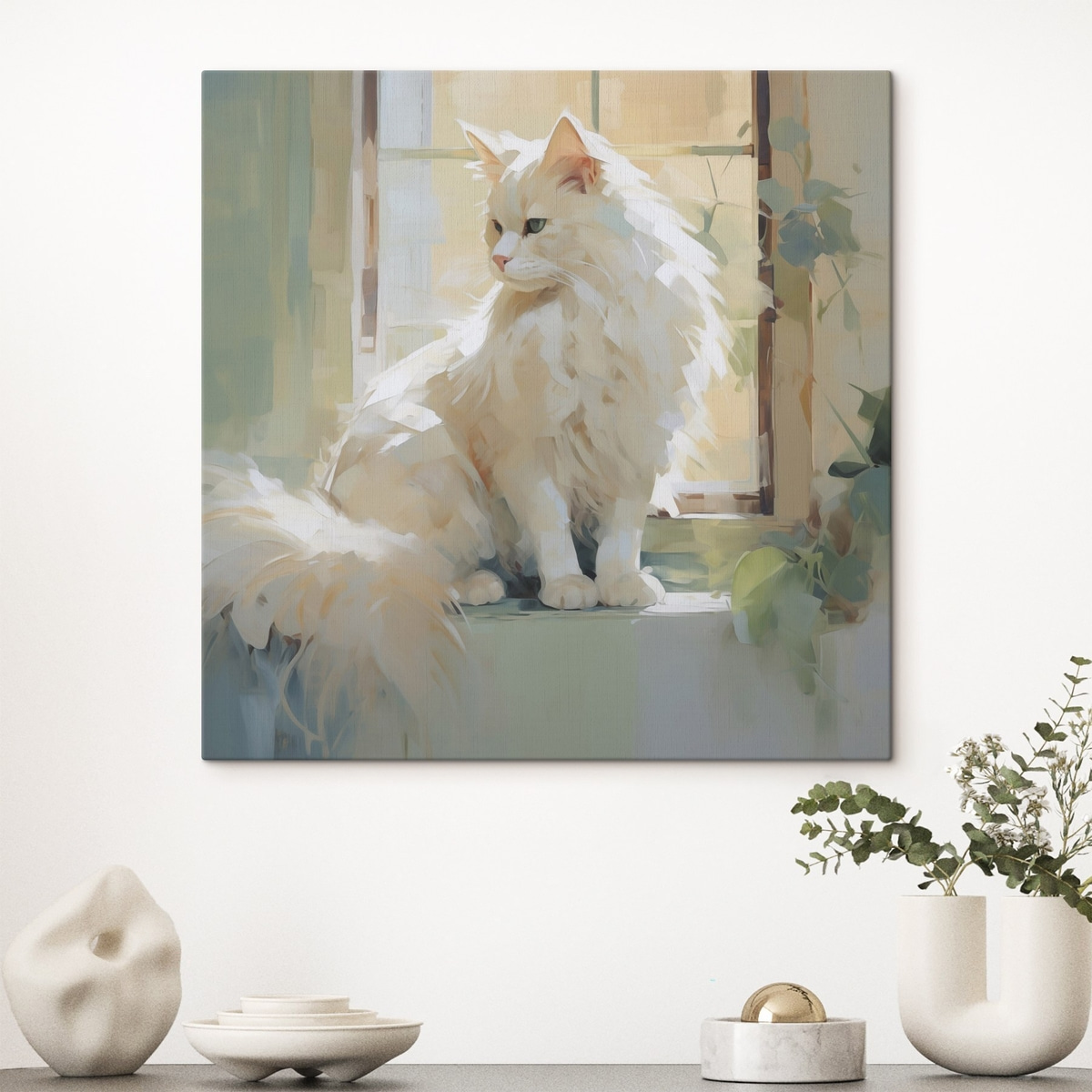Een kat zit bij een raam, naar een schilderij — interieur 2