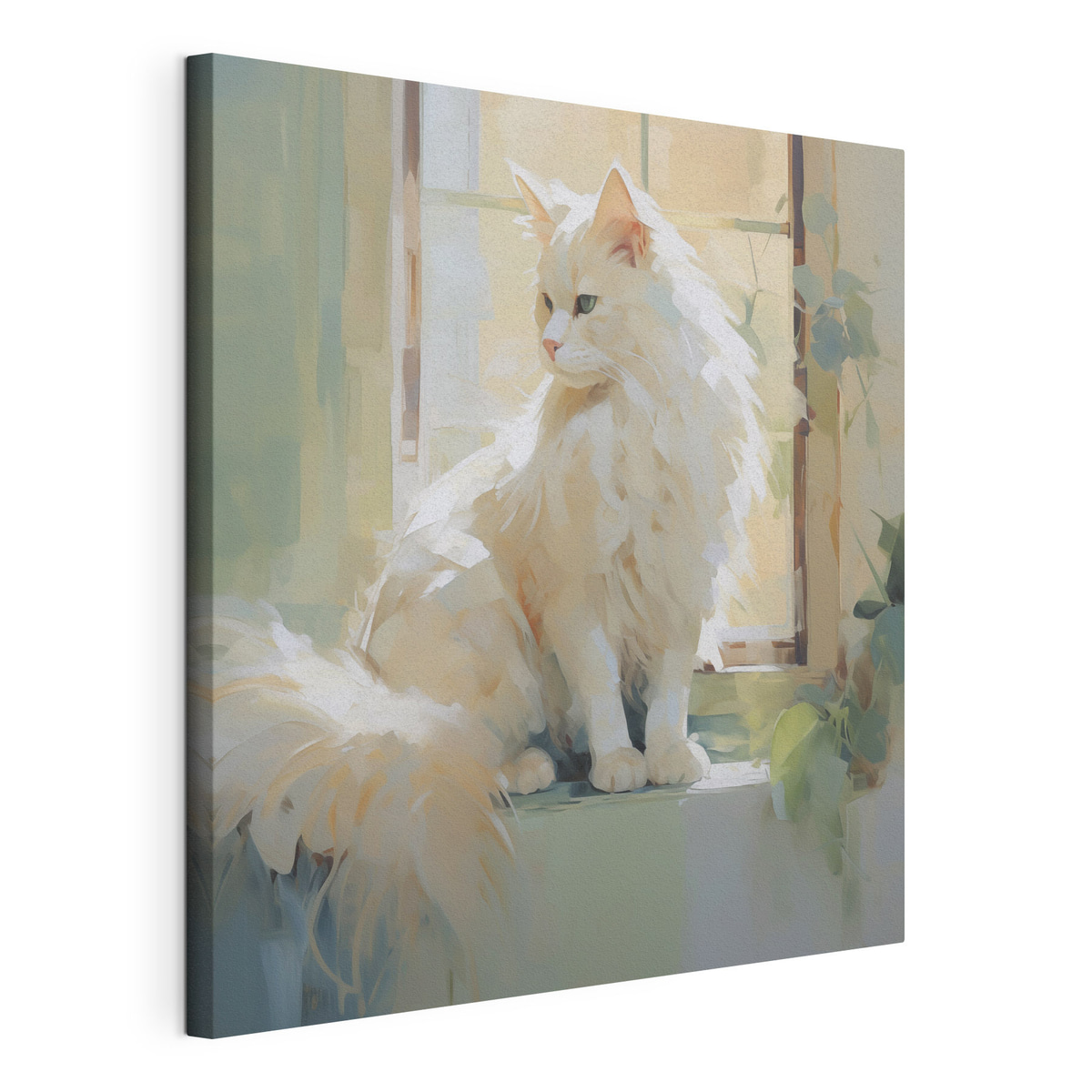 Een kat zit bij een raam, naar een schilderij, gespannen canvas met doorlopende rand