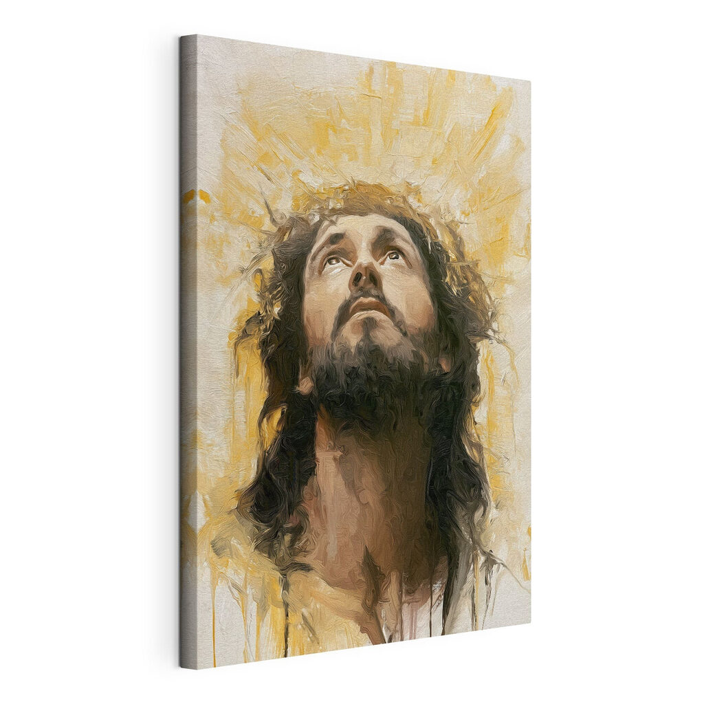 Schilderij van een man die omhoog kijkt, gespannen canvas met doorlopende rand